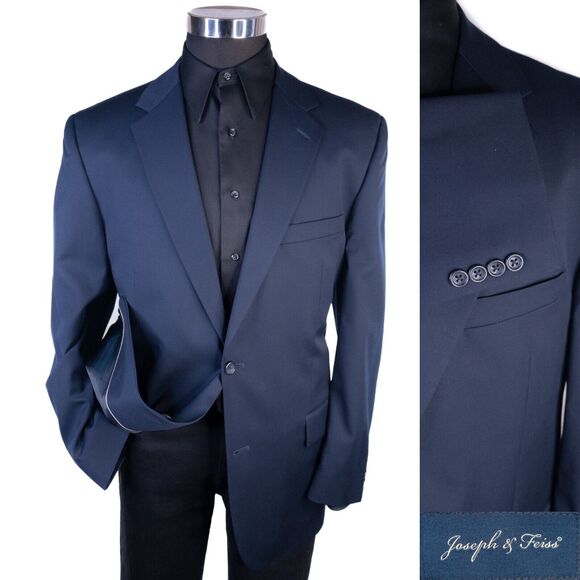 Joseph & Feiss 100% Wool Blue Solid Blazer Sport Coat Jacket Size 44r 2-Button - Picture 1 of 13